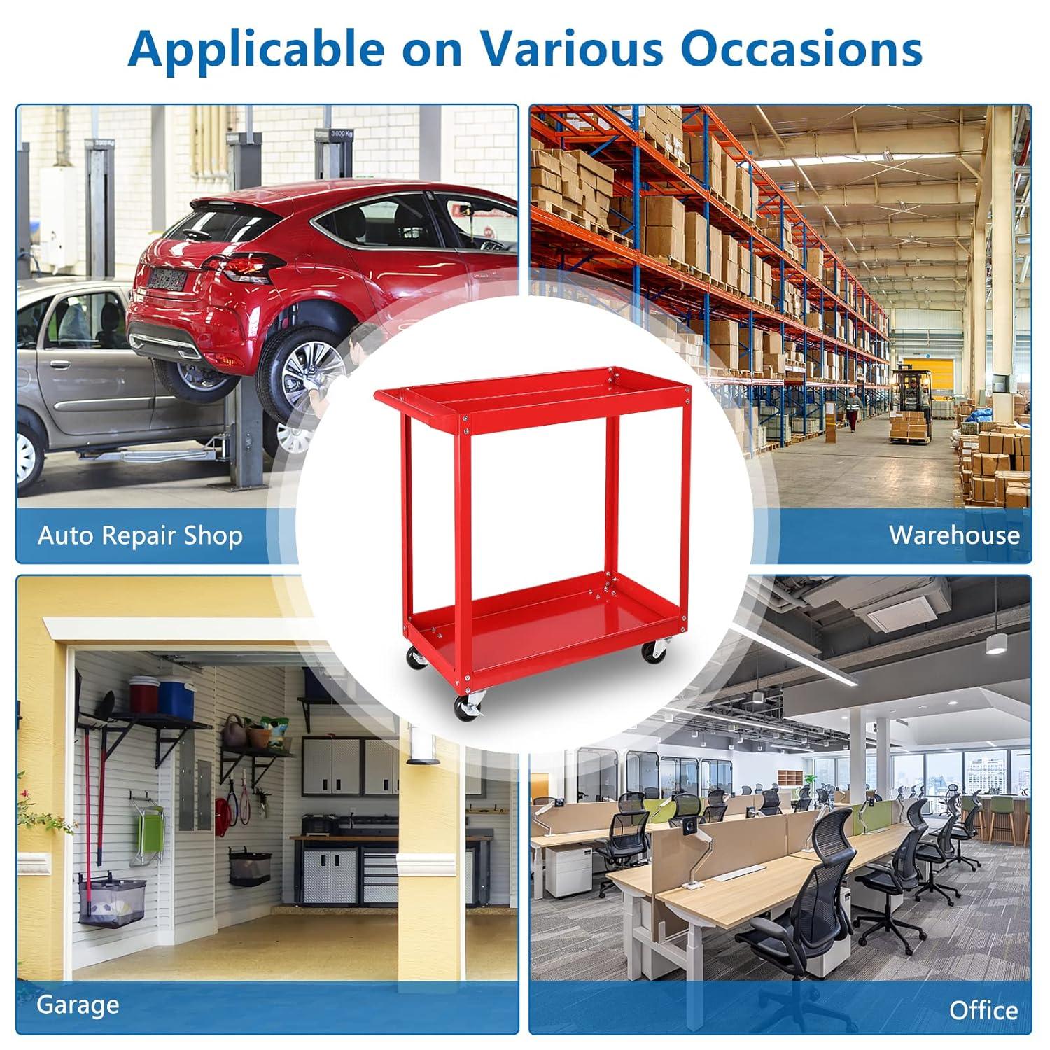 2 Tier Rolling Tool Cart, 220 LBS Capacity Industrial Service Cart w/Wheels, 2 Shelf Steel Utility Cart, Tool Storage Organizer for Mechanic, Garage, Workshop, Warehouse & Repair Shop, Red
