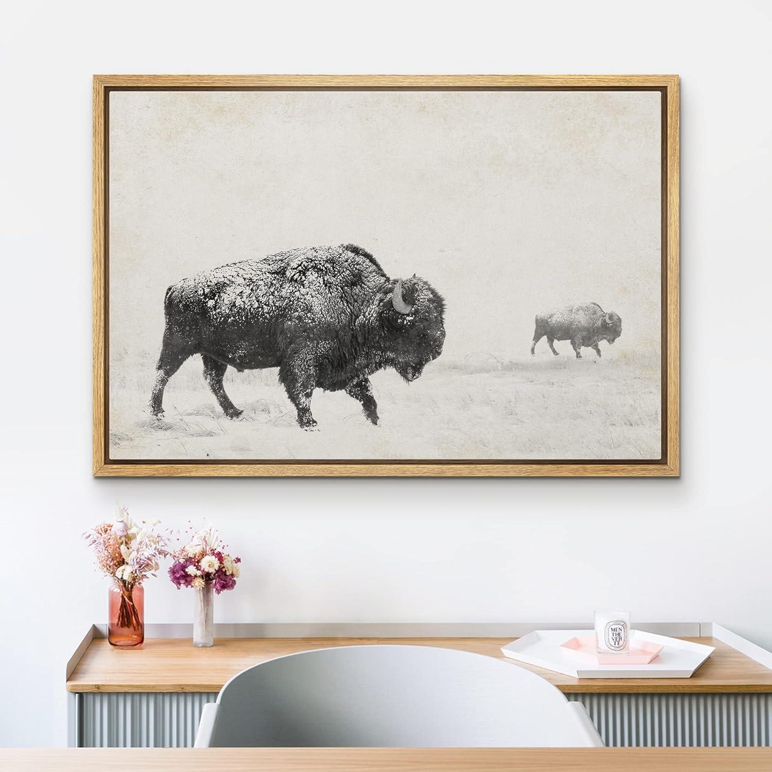 Black and White Bison Landscape Canvas Print with Natural Frame