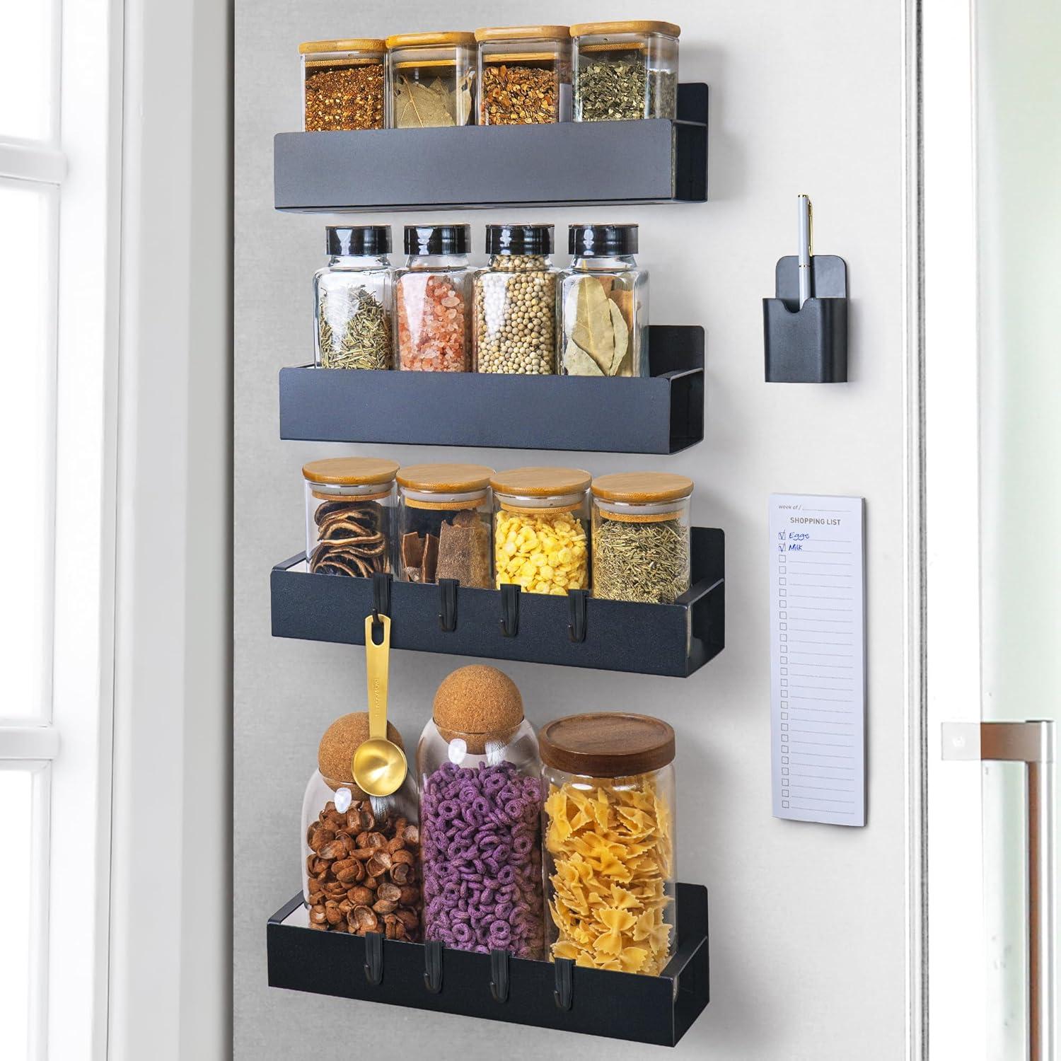 Black Magnetic Metal Kitchen Spice Rack with Paper Towel Holder