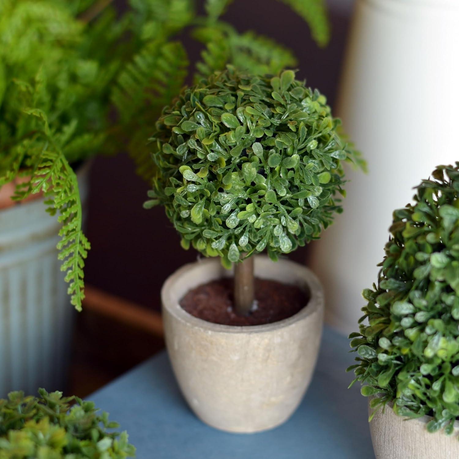 Realistic Faux Boxwood Sculptural Topiary, Set of 3, Curly Leaf, Cone and Ball Tops, Gray Stone Pot, Each 5 1/2 Inches Tall, Mixed Materials