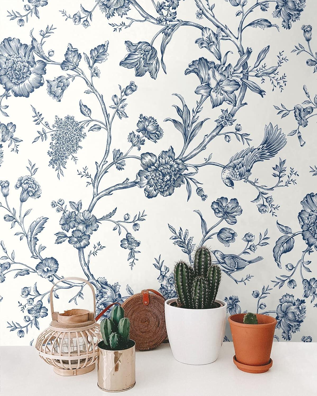 NextWall Navy Blue Jasmine Chinoiserie Peel and Stick Wallpaper