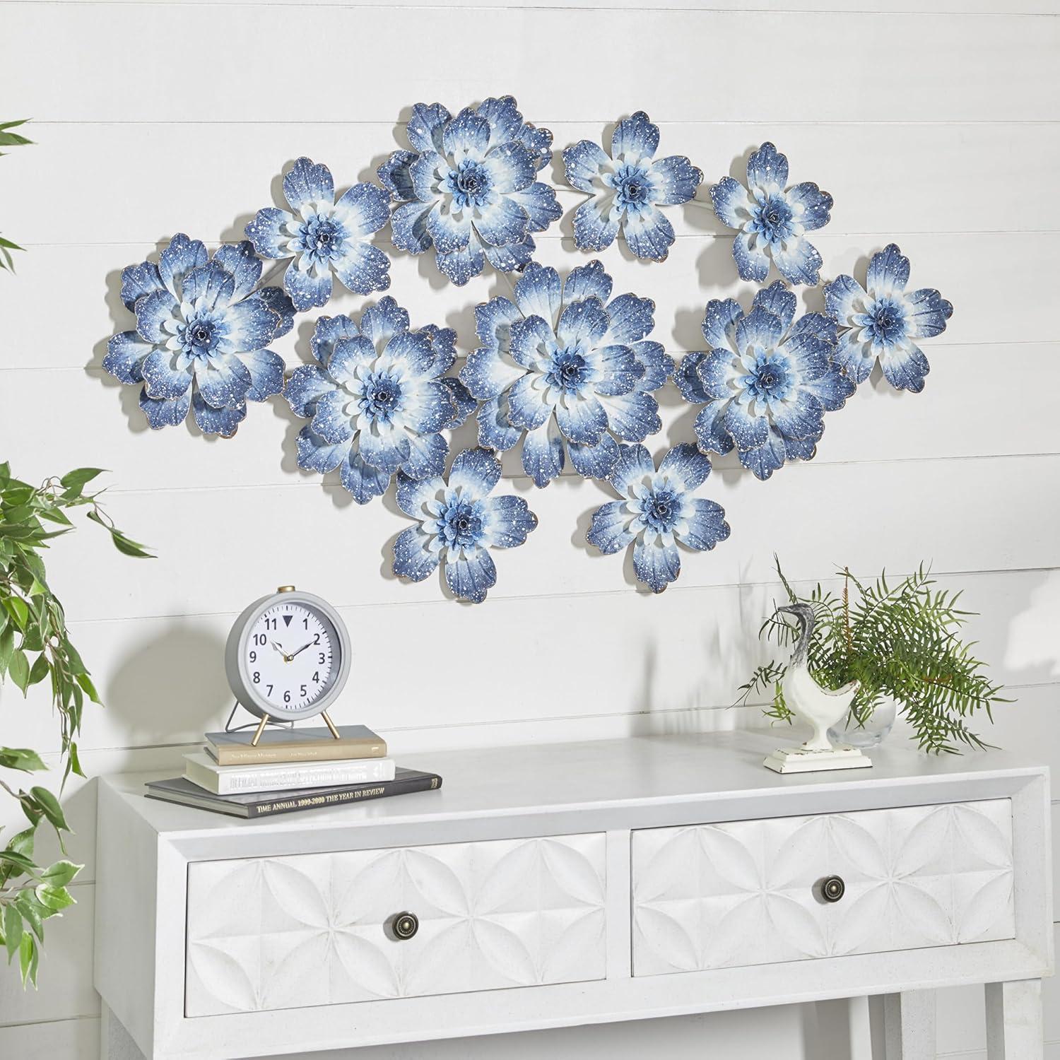 DecMode Blue Metal Floral Wall Decor