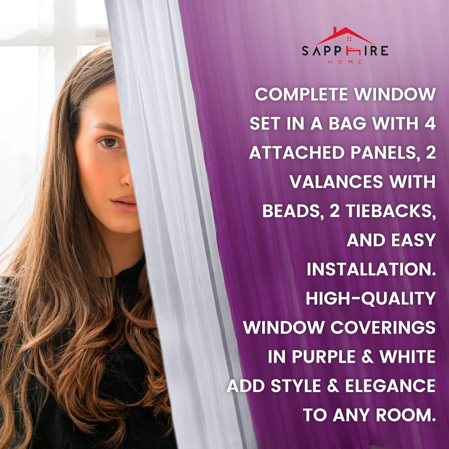 Sapphire Home Complete Window Sheer Curtain Panel Set with 4 Attached Panels 55x95 Each and 2 Valances with Beads and 2 Tiebacks - Easy Installation- Multicolor Purple and White