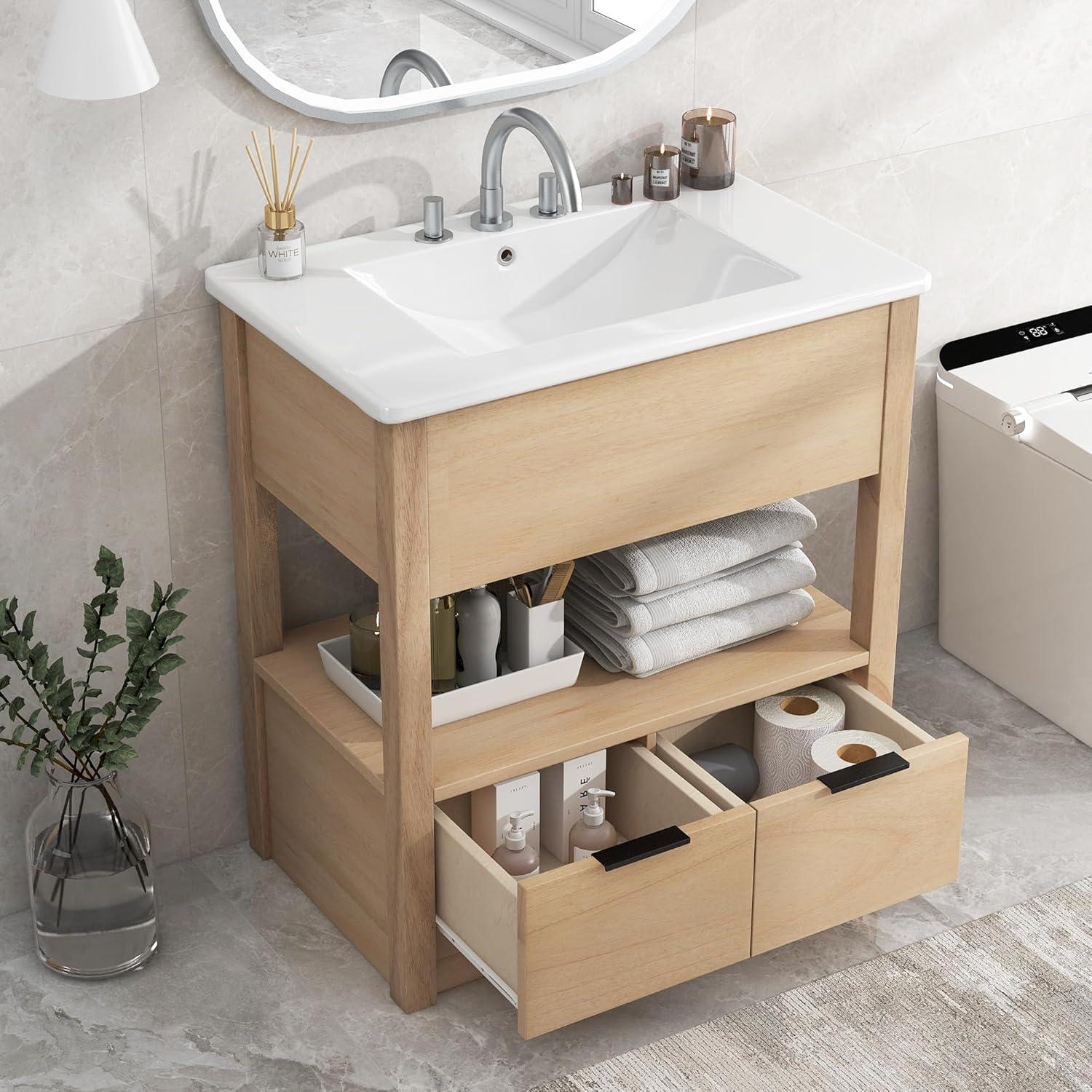 Tcbosik 30 Inches Bathroom Vanity Set with Ceramic Sink Top, Wood Vanity Cabinet with 2 Drawers and Open Shelf, Natural