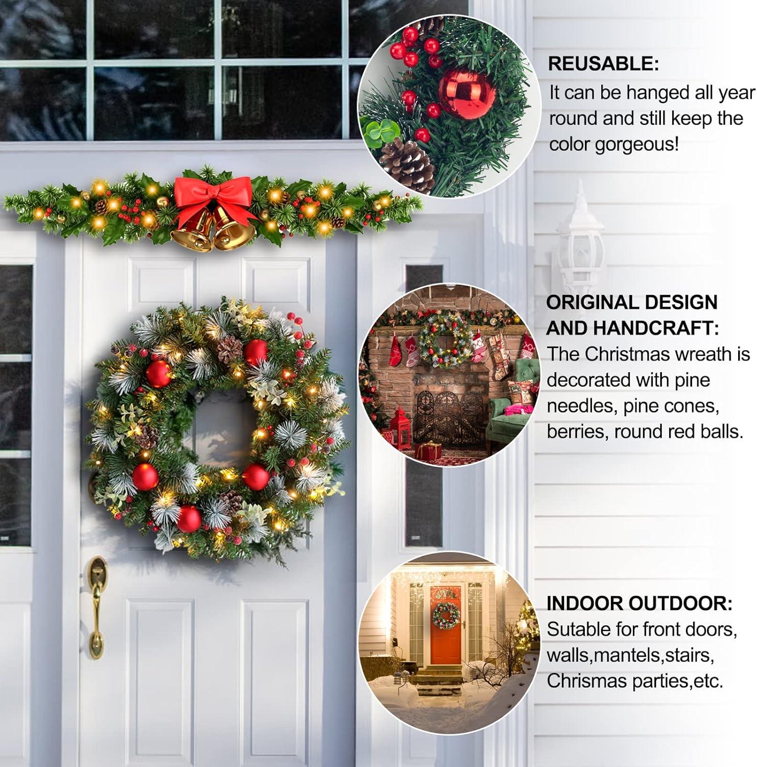 Christmas Wreath with Lights Artificial Christmas Wreath Decorated with Pine Cones Berry Clusters Frosted Branches Ball Ornaments Christmas Decorations for Window Indoor & Outdoor.