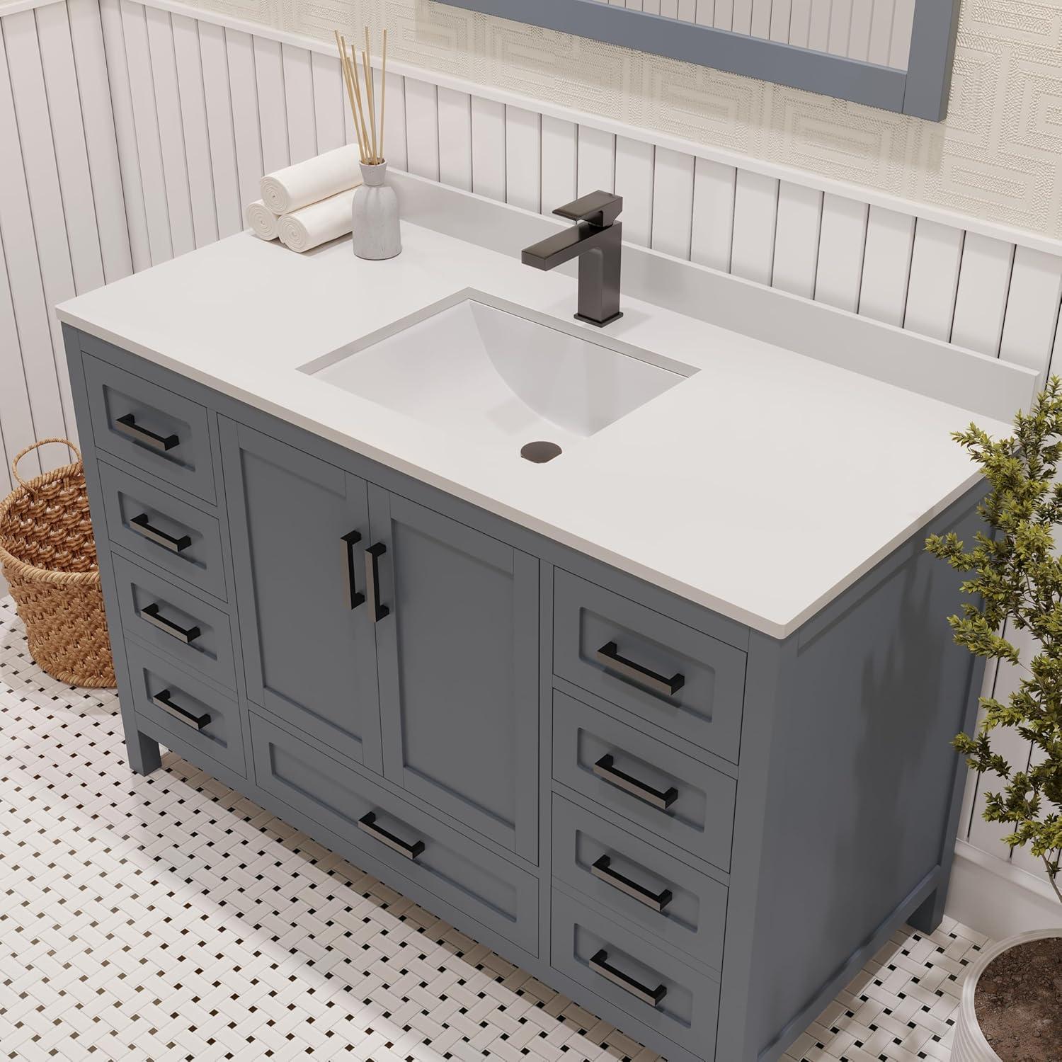 Ayna Decors Rooh 48 in Charcoal Grey Bathroom Vanity Set with White Quartz Countertop | Ceramic Sink | 2 Soft Closing Doors | 7 Full Extention Soft Close Drawer | Black Hardware