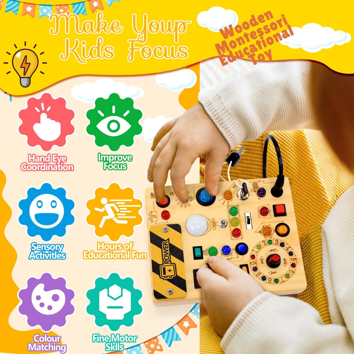 RichBoy Busy Board for 1-3 Year Old, LED Light Sensory Toys for Kids with Autism, Wooden Fine Motor Skills Montessori Toys, Toddlers Birthday Gift (Activity Sturdy, Well-Made)