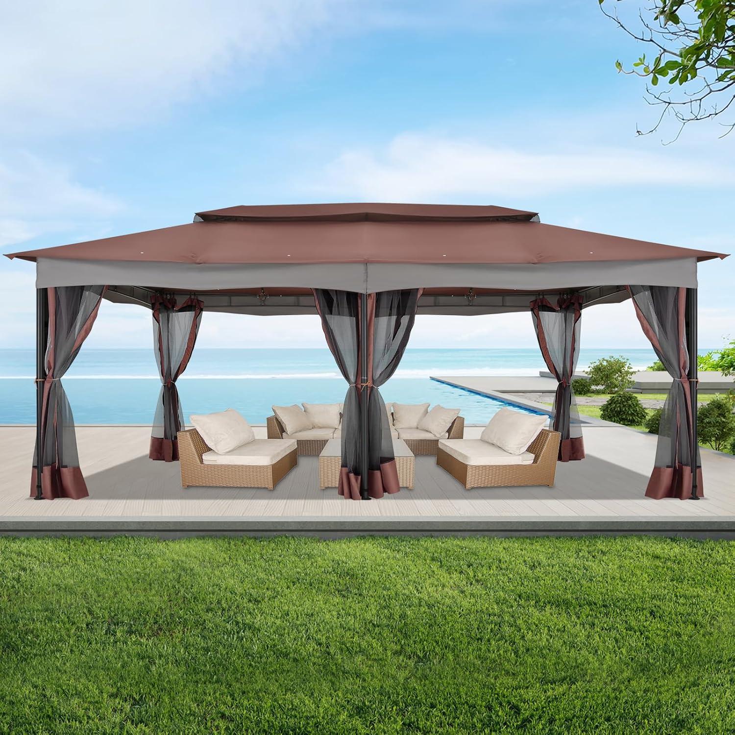 HOTEEL 10x20 Gazebo on Clearance, Outdoor Gazebo Tent with Mosquito Netting and Ventilated Double Flat Roof, Easy Set up Canopy Tent with Stable Metal Frame for Patio, Khaki (Upgraded 2.0)