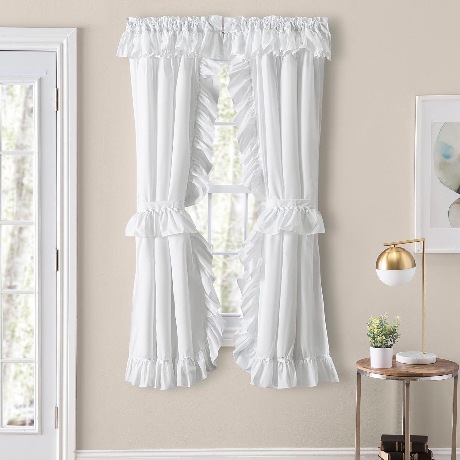 White Ruffled Cotton Polyester Rod Pocket Curtain Panel Pair