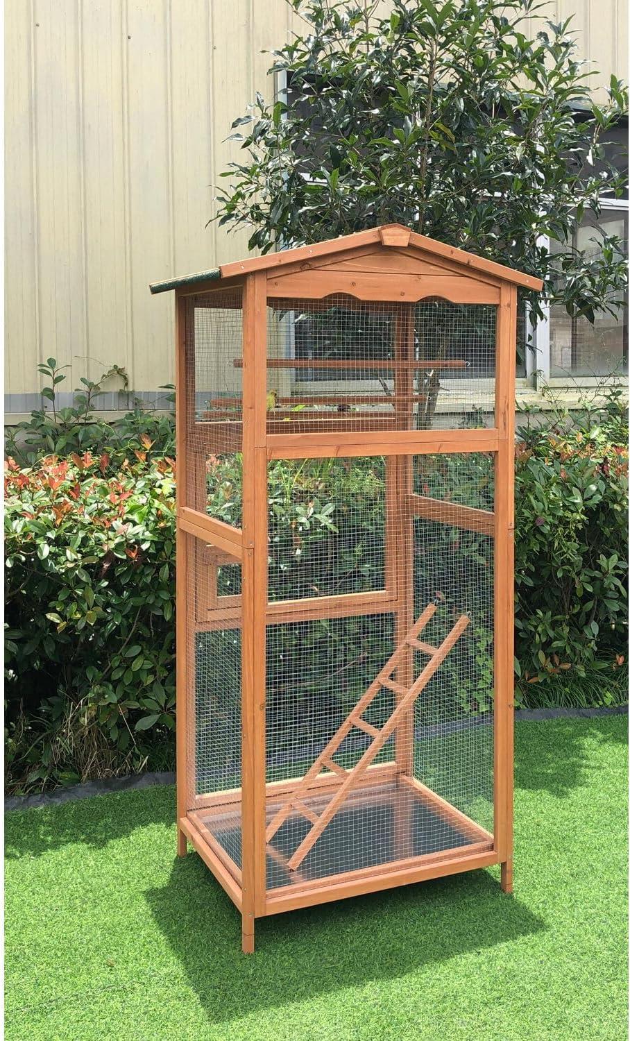 Hanover Outdoor Wooden Bird Cage with 3 Resting Bars, Ladder, Waterproof Roof and Removable Tray, 2.9 Ft. x 2.1 Ft. x 5.8 Ft.