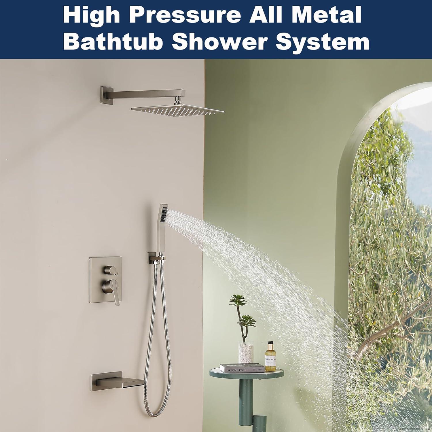 AWZTOO Wall Mounted Shower Faucet With Hand Shower Modern Shower System Set 10 Inch Rainfall Shower Head With Pressure Balance Valve Brushed Nickel