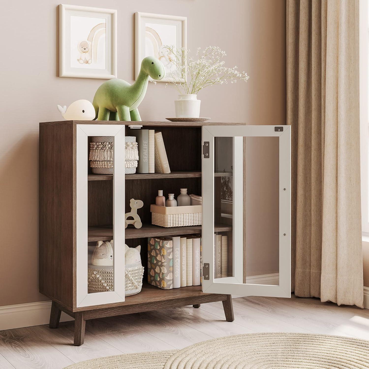 White and Brown Glass Door Curio Cabinet with Gold Hardware