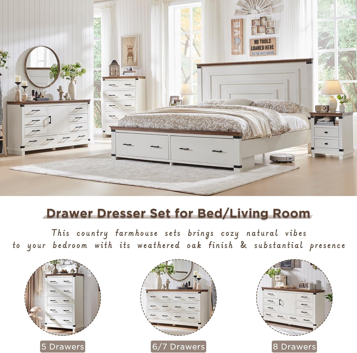 SinCiDo Nightstand with Charging Station, 18″ Farmhouse Night Stand with 2 Drawers, Wood Rustic End Table, Antique White