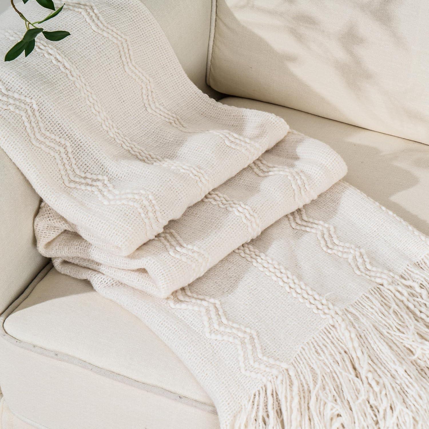 Cream Knitted Acrylic Throw Blanket with Tassels, 50"x60"