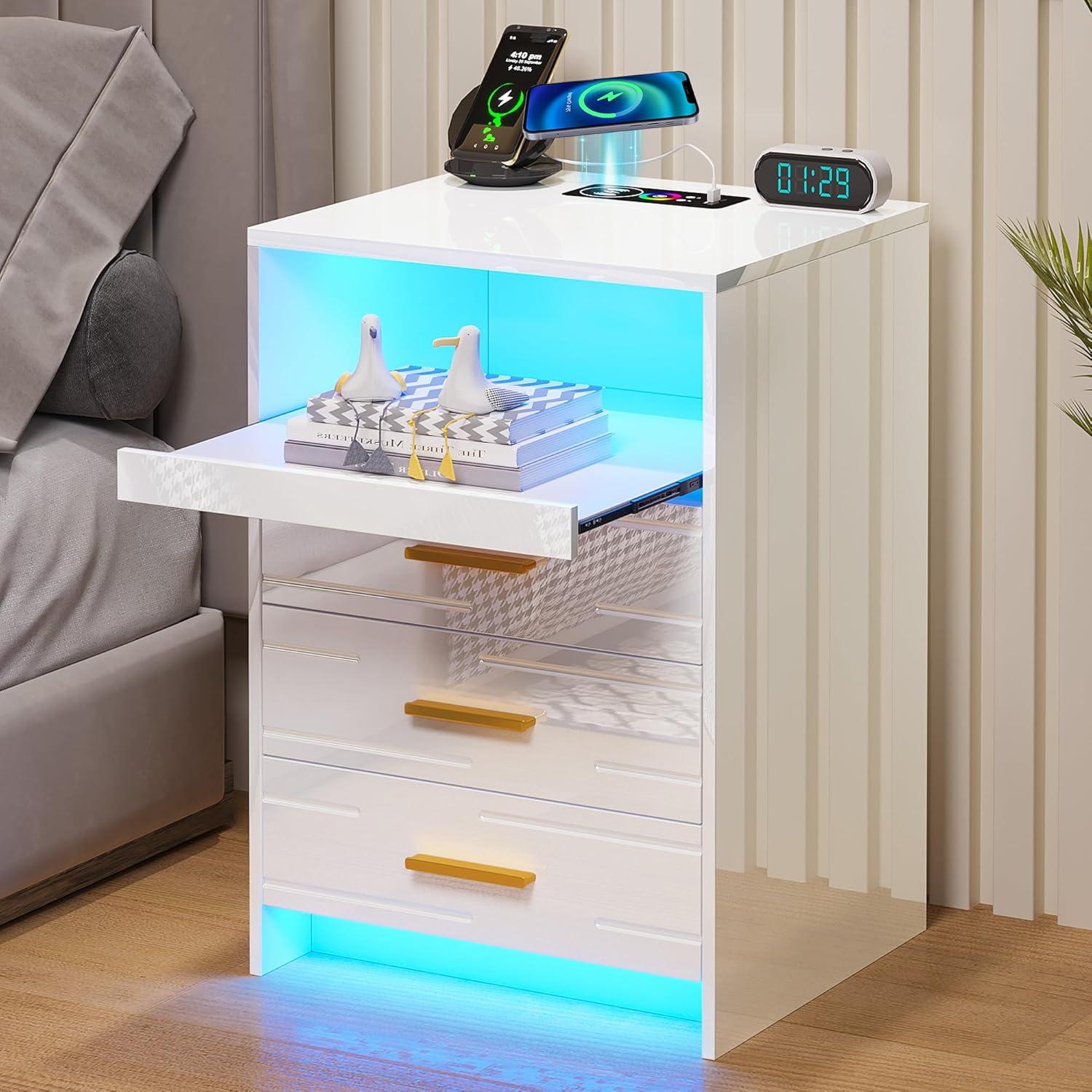 White High Gloss LED Nightstand with Wireless Charging and 3 Drawers