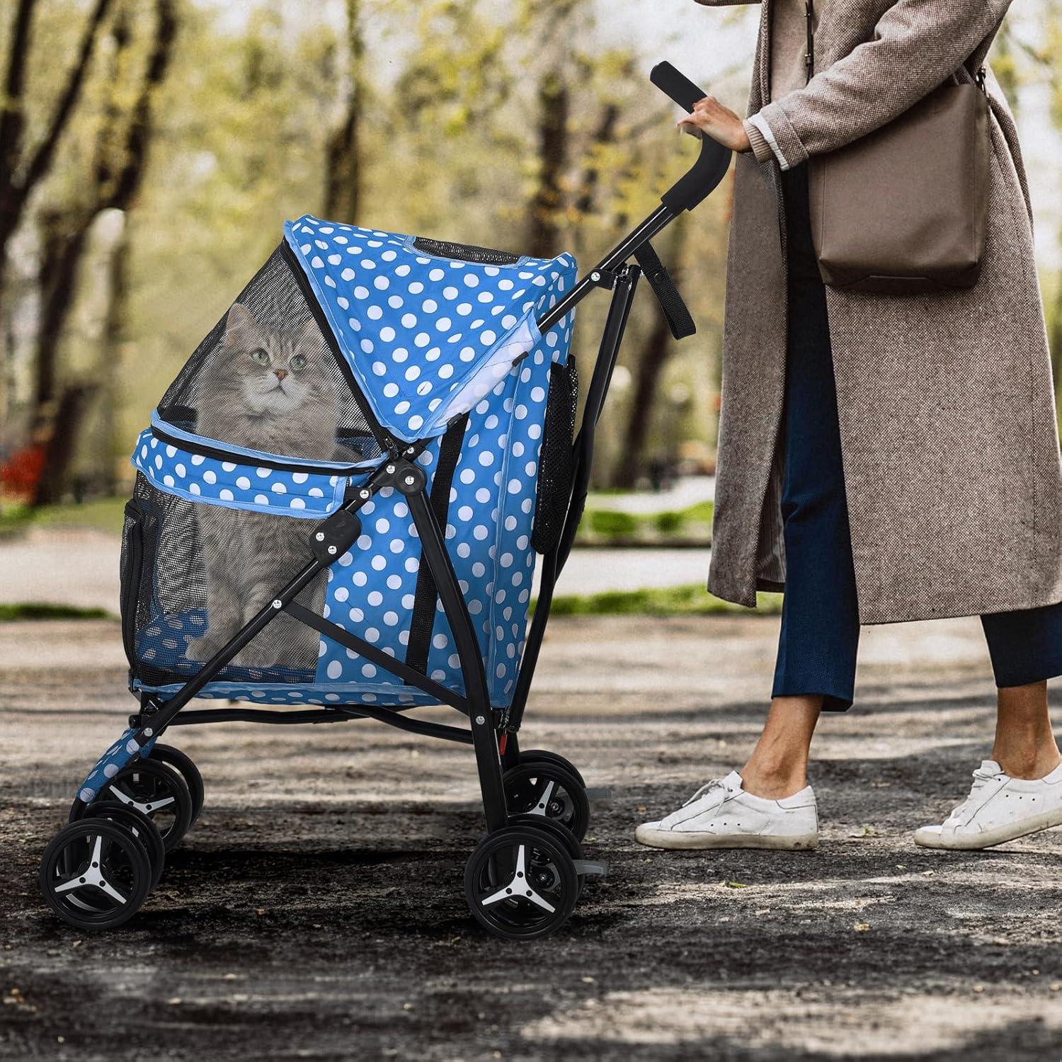 MoNiBloom 4 Wheel Foldable Lightweight Pet Trolley for Cats & Dogs, Sky Blue with White Polka Dots