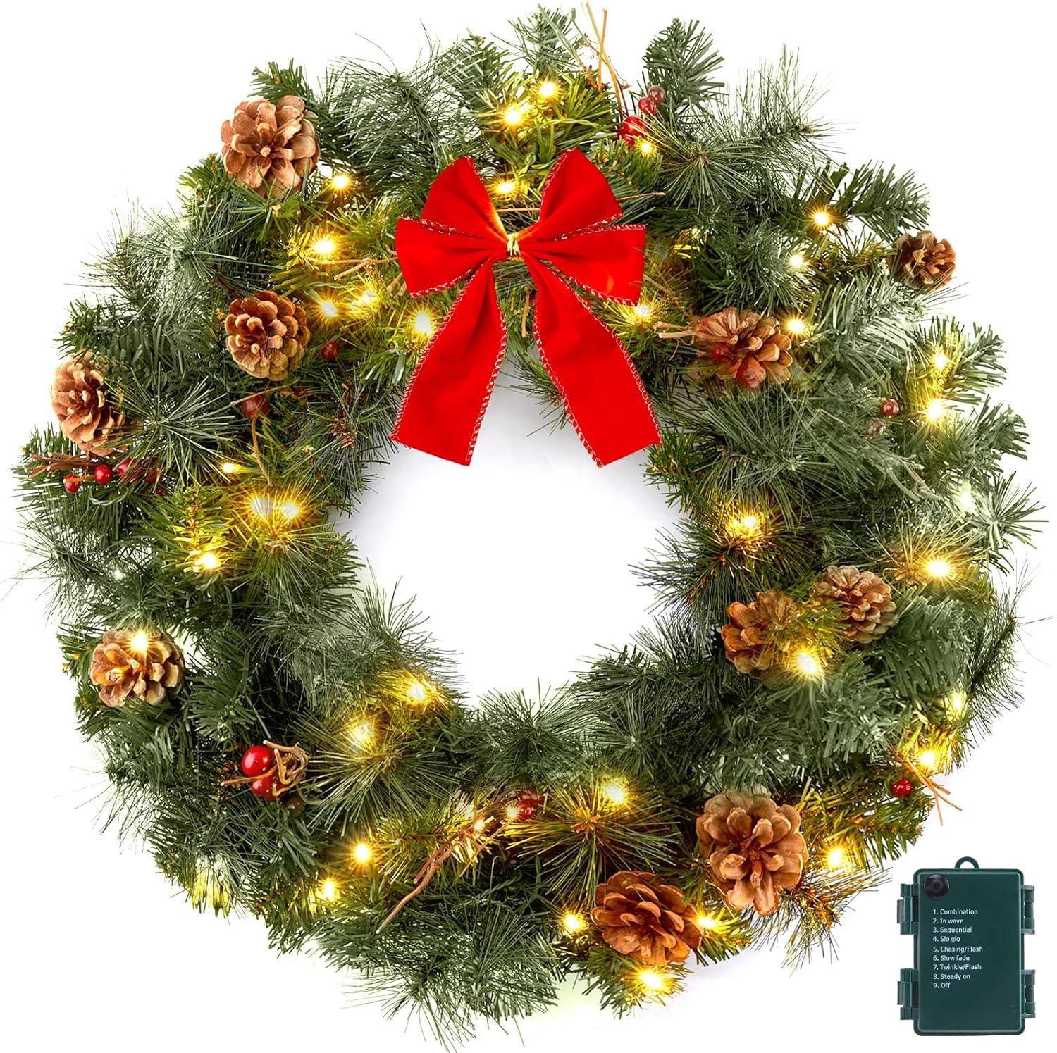 24-Inch Multicolor LED Pre-Lit Christmas Wreath with Pinecones and Red Berries