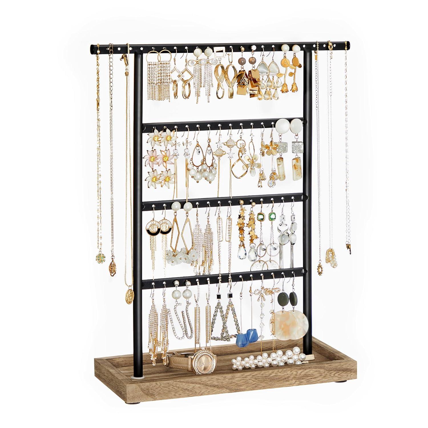 SONGMICS Jewelry Organizer, 4-Tier Earring Holder Organizer Stand with Base Tray, for Studs and Necklaces, Vintage, Wood Color and Black UJJS019B01