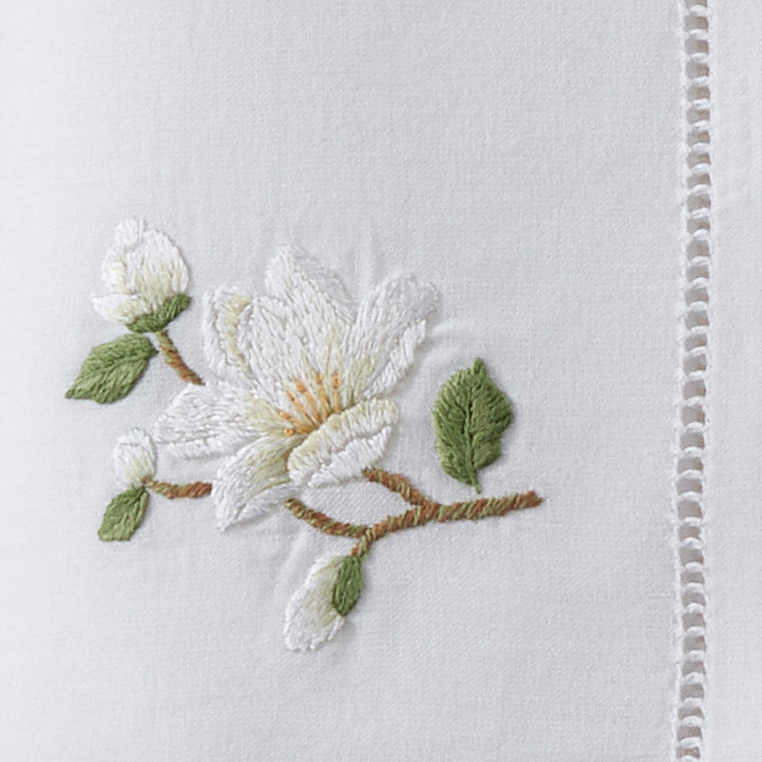 Saro Lifestyle Embr'd Magnolia Hemstitch Napkin, 20" Square, White (Set of 6)