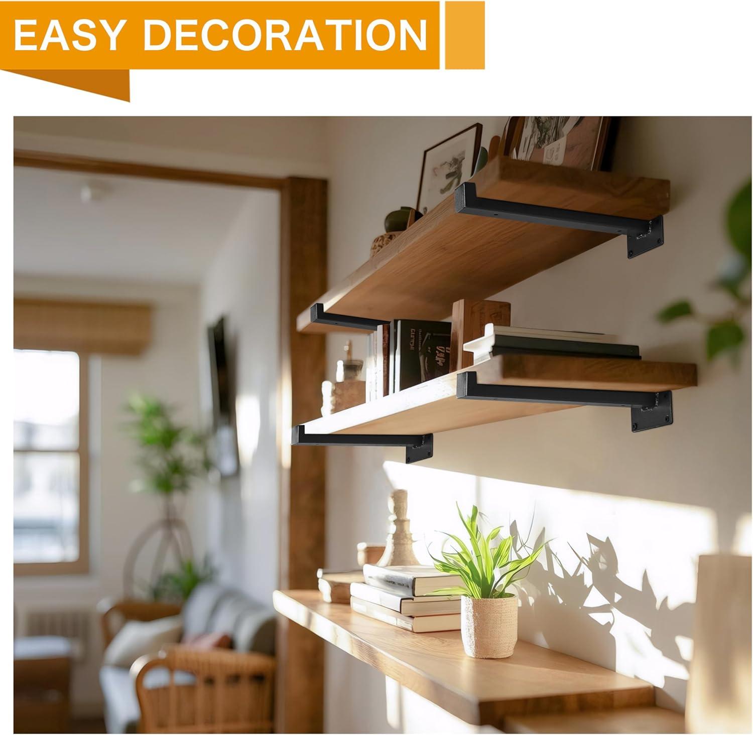 EZYDECOR 6Pcs Floating Shelves Brackets Heavy Duty Wooden Shelf Brackets 10inch Decorative Wall Shelf Brackets & Supports with Lip (Black) 10"