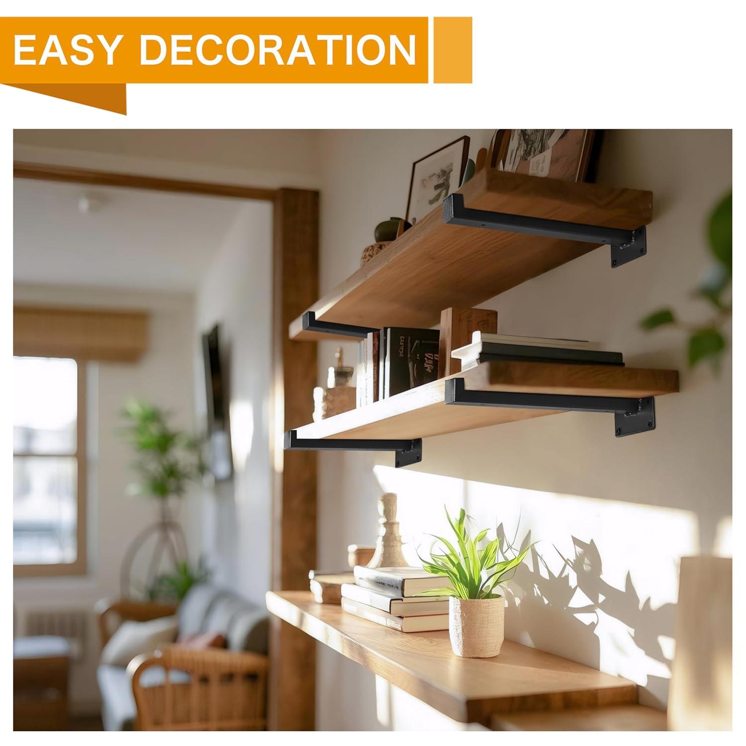 EZYDECOR 6Pcs Floating Shelves Brackets Heavy Duty Wooden Shelf Brackets 10inch Decorative Wall Shelf Brackets & Supports with Lip (Black) 10"