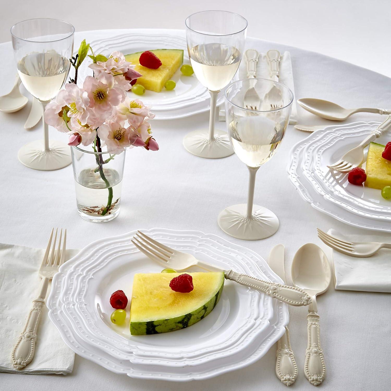 VINTAGE COLLECTION DISPOSABLE WINE GLASSES | Reusable Stemmed Wine Cups | for Upscale Wedding and Dining | Includes 6 Plastic Cups (Cream)