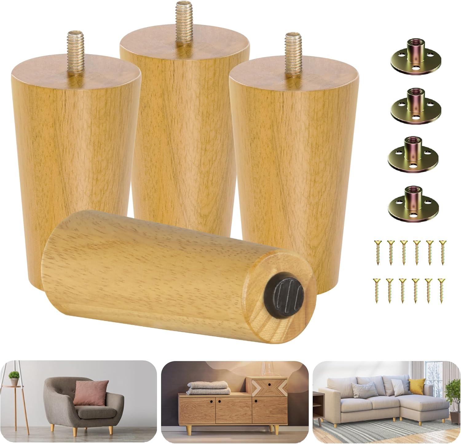 4 Inch Natural Rubberwood Round Furniture Legs Set with Levelers