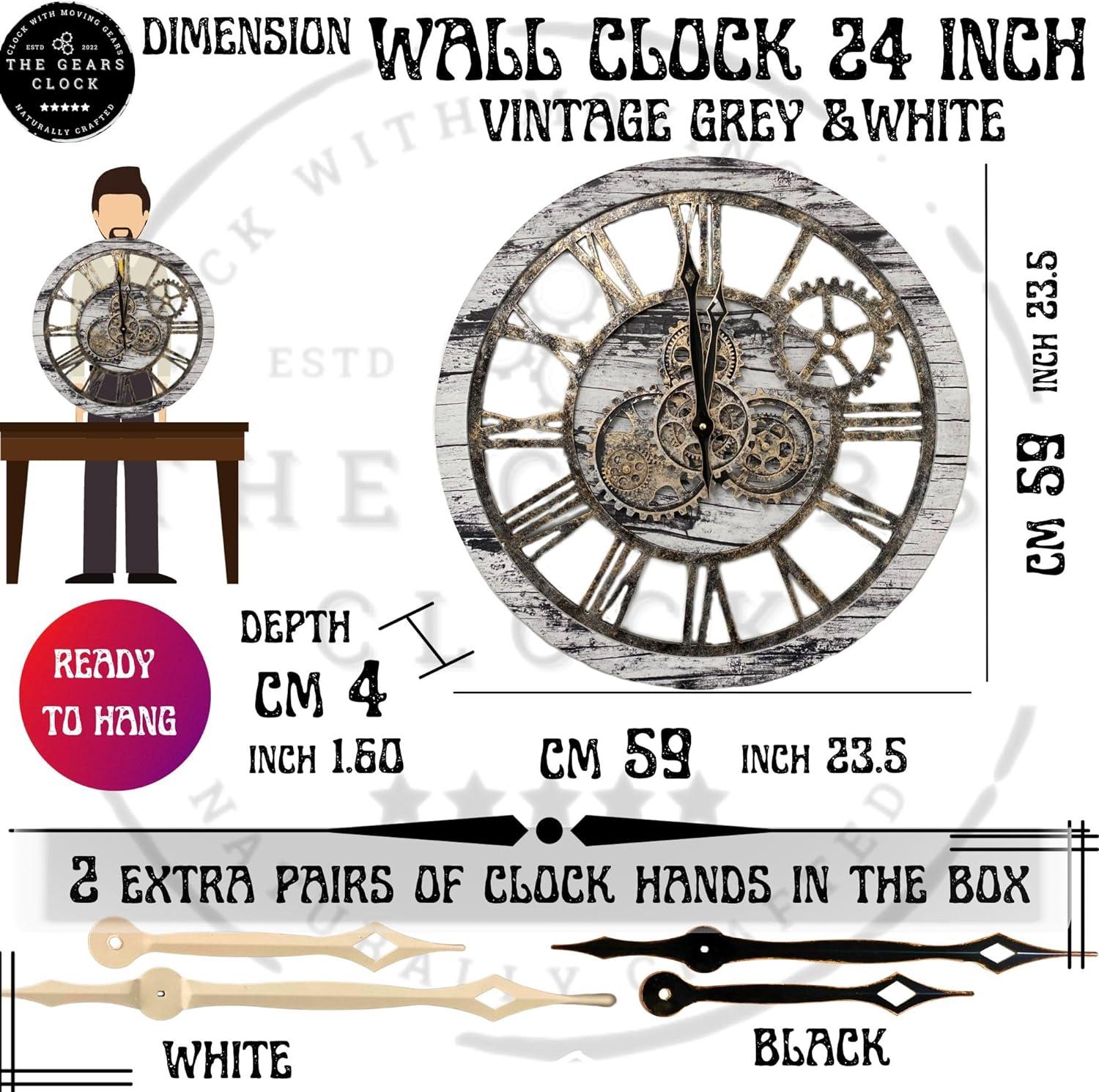 Wall Clock 24" Round Oversized for Living Room decor with Real Moving Gears America Collection
