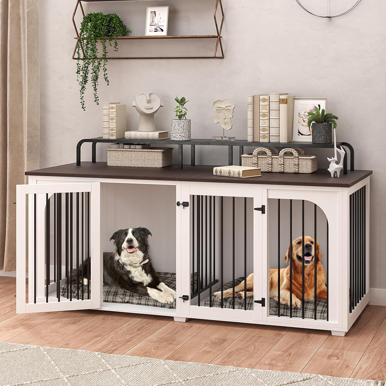 Tucker Murphy Pet™ 74.8" XXL Double Dog Kennel Furniture For Large Breed,Heavy Duty Wooden Dog Crate Cage Furniture Style With Storage Rack And Divider For 2 Dogs Indoor,White & Reviews | Wayfair