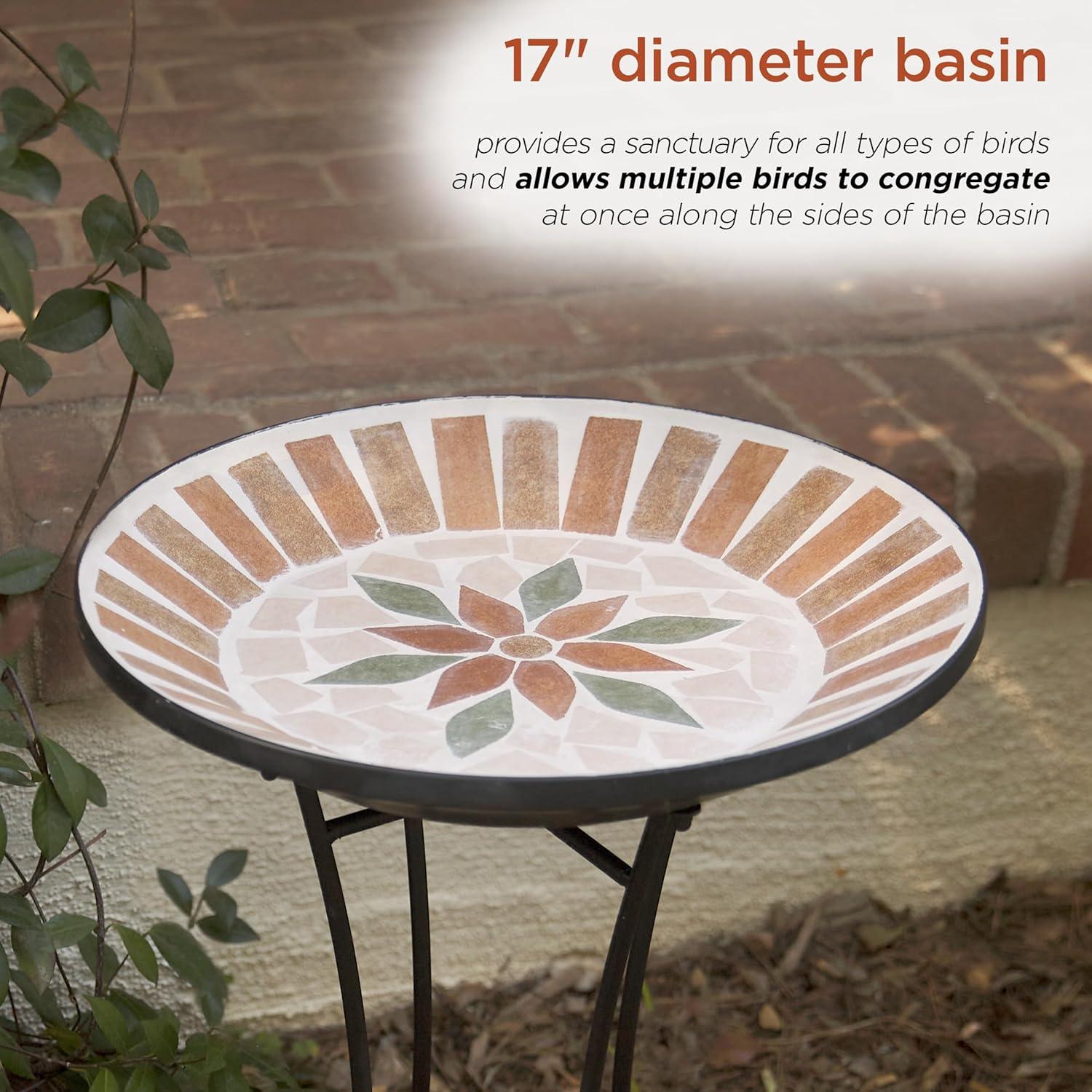 25" Outdoor Decorative Mosaic Birdbath with Metal Stand - Alpine Corporation: Weather-Resistant Iron Base