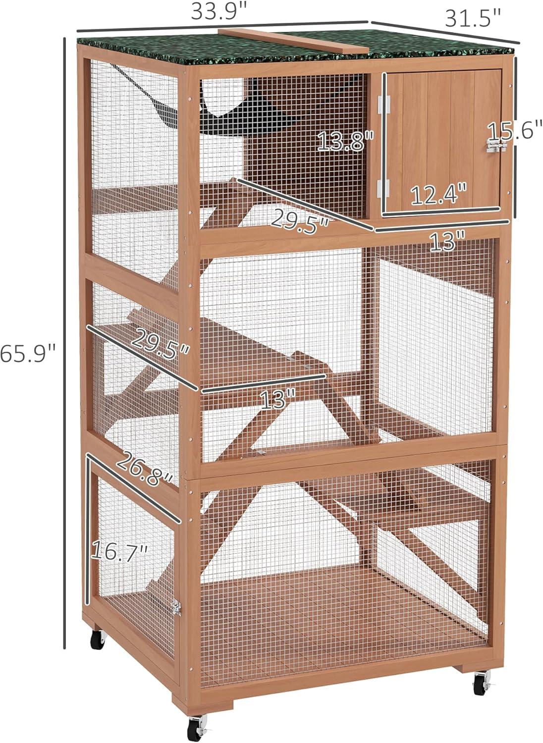 PawHut Catio, Outdoor Cat Enclosure House, Wooden Feral Cat Shelter on Wheels with Hammock, Platforms Ramps, and Waterproof Roof, 34", Orange