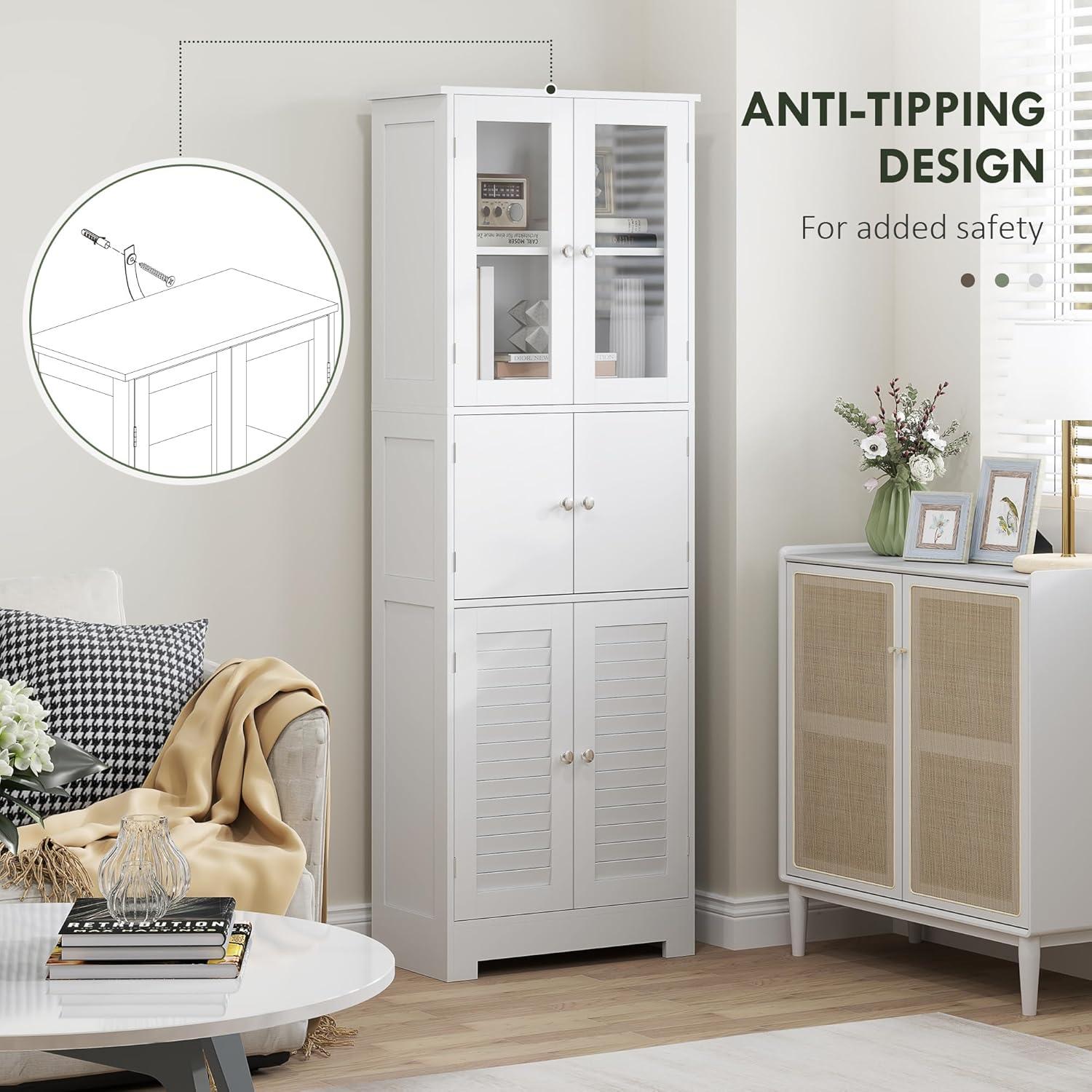 HOMCOM 67" Bathroom Cabinet with Glass/Louvred Doors, Tall Bathroom Storage Cabinet with Adjustable Shelf, White