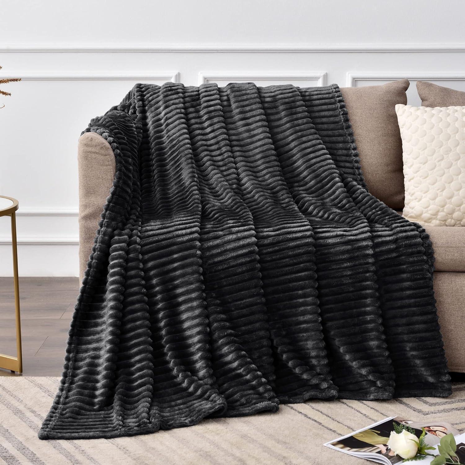 Black 3D Ribbed Jacquard Fleece Throw Blanket 50x60 inches