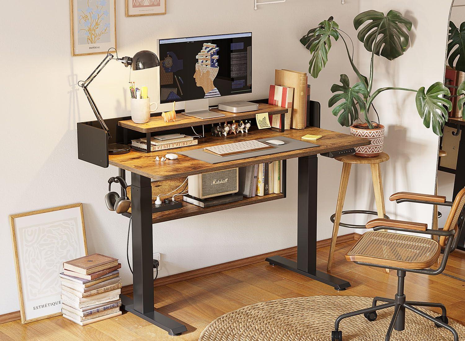 Rustic Brown Adjustable Height Standing Desk with Drawers and Shelf