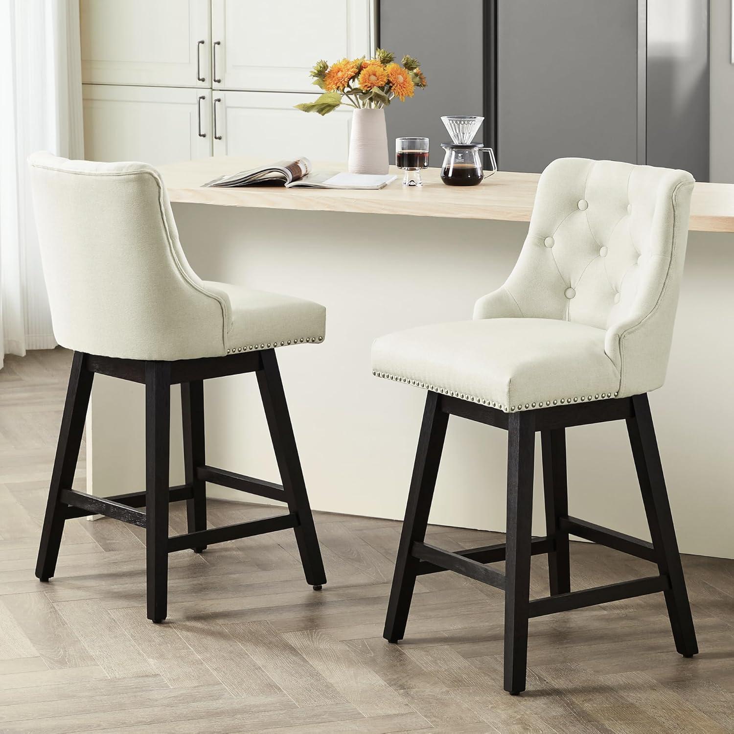 White Upholstered Swivel Counter Stools with Wood Legs, Set of 2