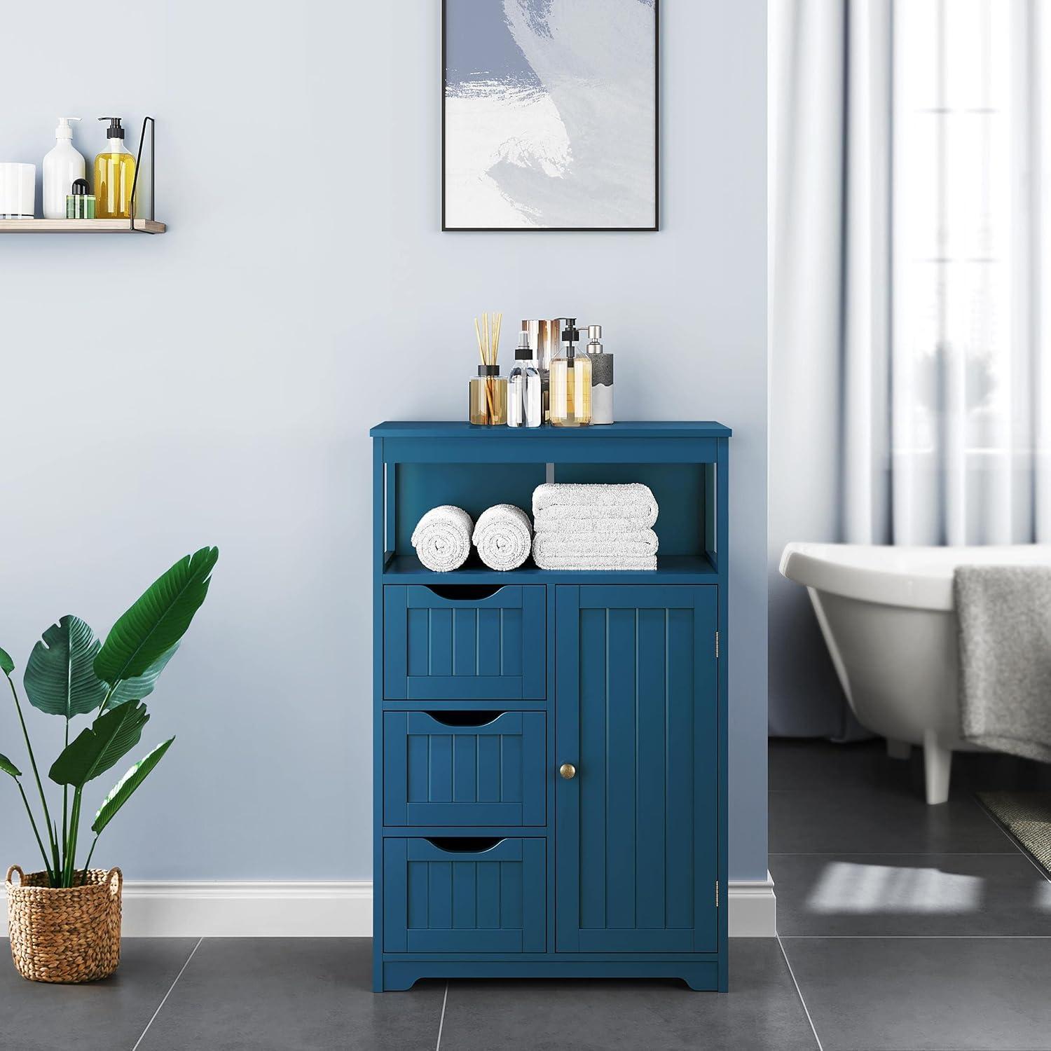Topeakmart Wood Bathroom Floor Cabinet, Free Standing Storage Cabinet with 3 Drawers and Cupboard for Hallway/Entryway/Living Room Accent Furniture, Navy Blue