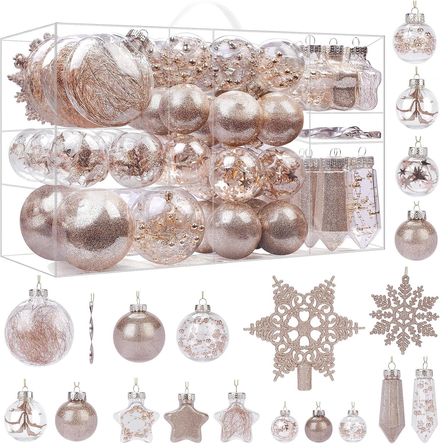 Champagne Shatterproof Plastic Christmas Ornaments Set, 86 Pieces