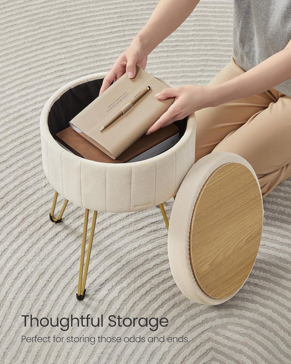 SONGMICS Vanity Stool Chair, Small Ottoman with Storage, Velvet Makeup Stool, 15.4 Dia. x 17.4 H Inches, 4 Metal Legs, for Makeup Room, Living Room, Bedroom, Cream White ULOM003W01