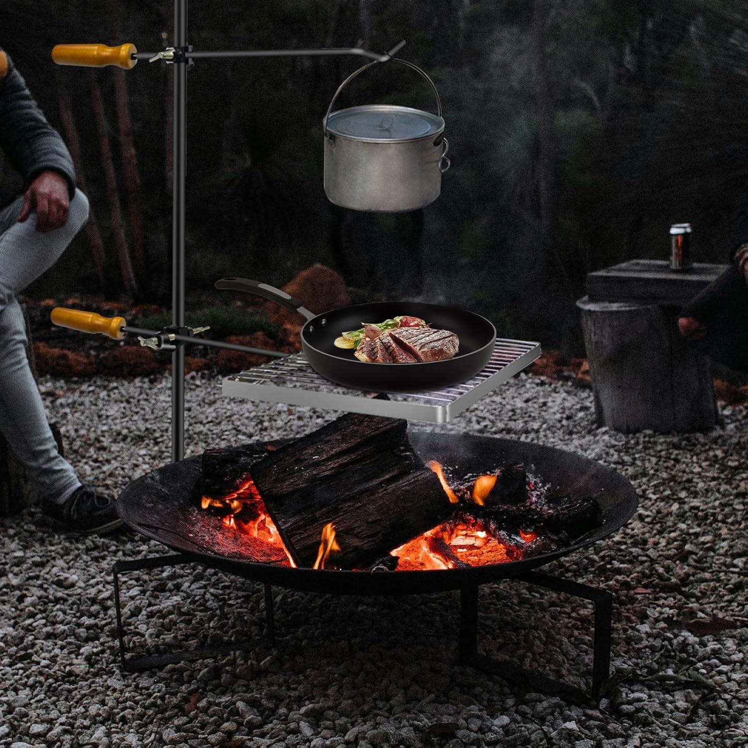 Black Steel Swivel Campfire Grill with Wooden Handles