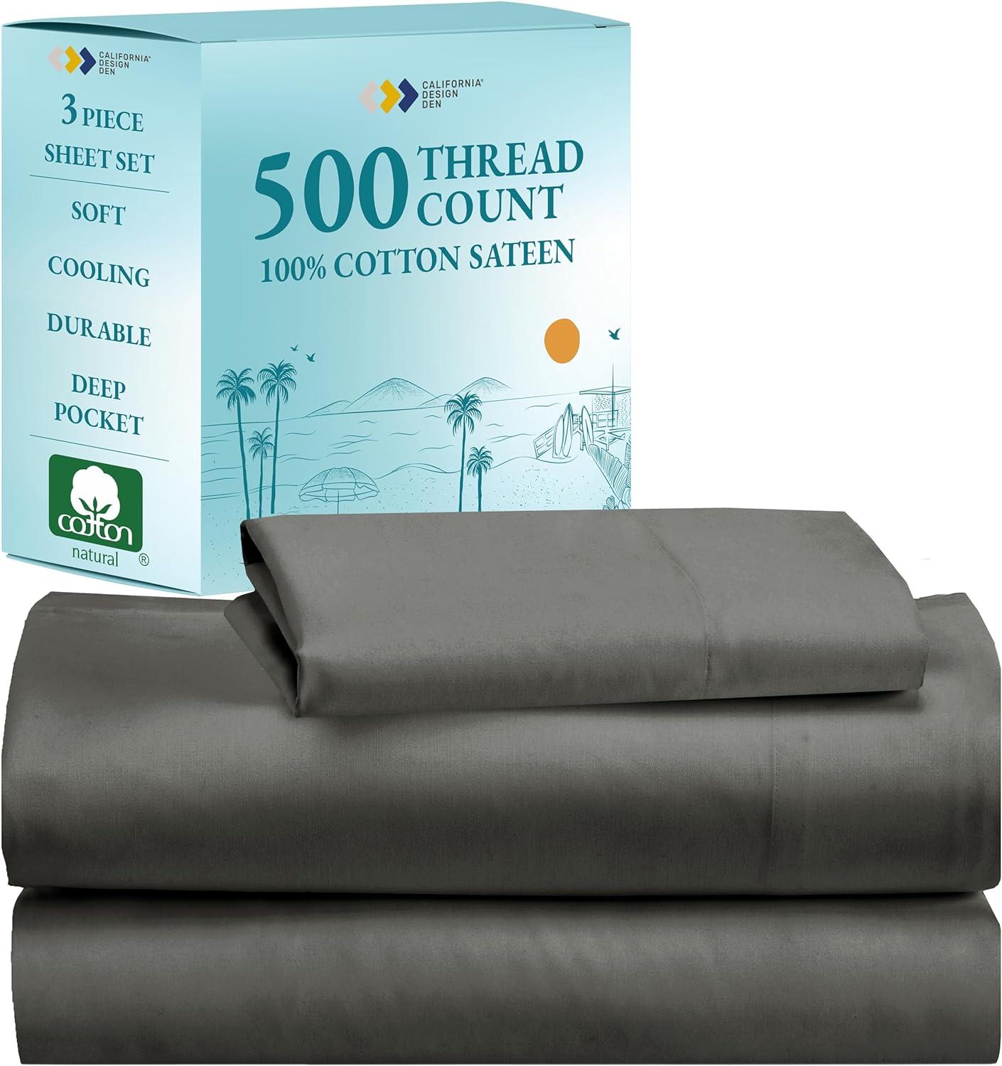 Dark Gray -Twin XL Sheet Set, 100% Extra Long Staple, 500 Thread Count Sateen Weave, 3 Piece Set, California Design Den