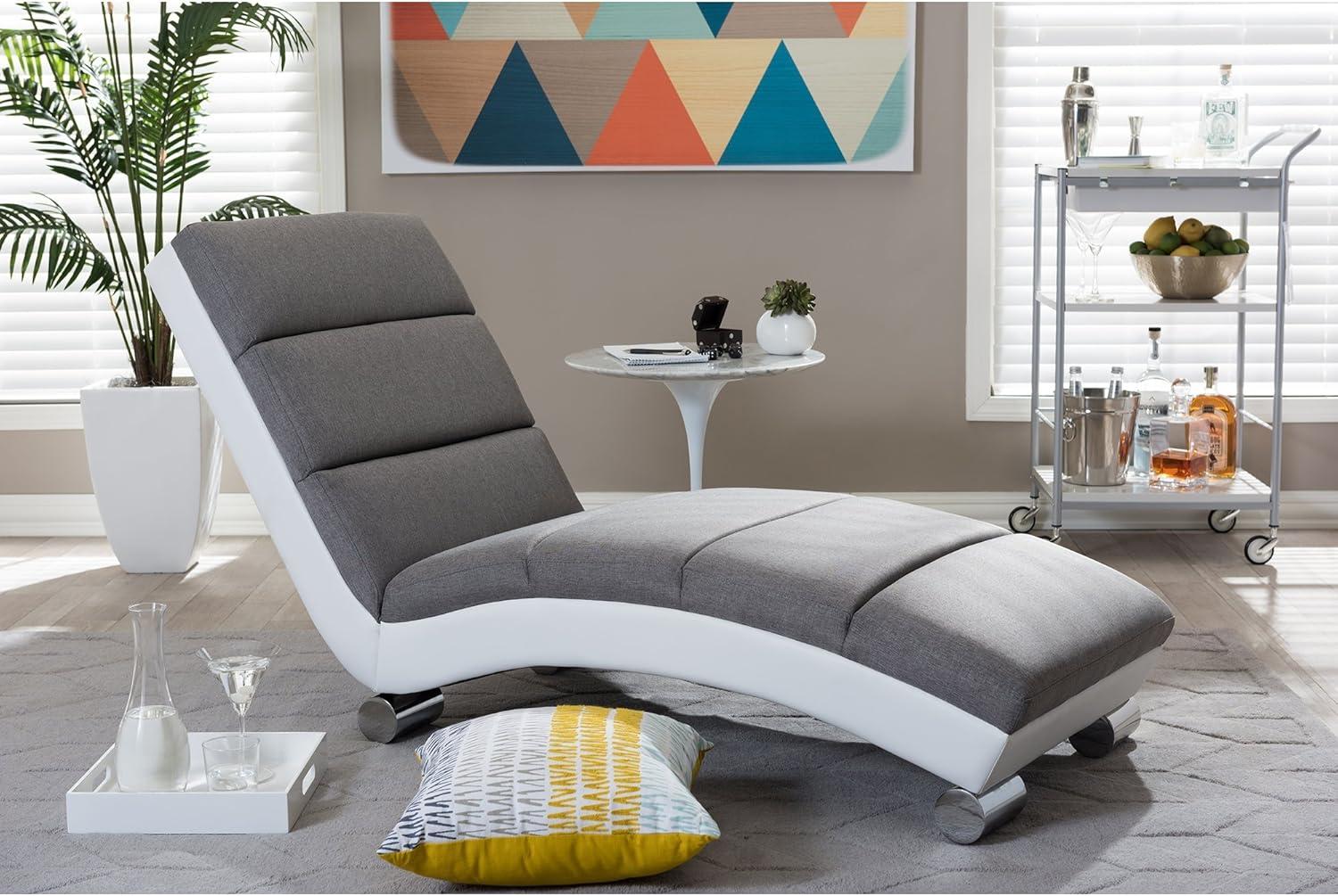 Baxton Studio Percy Modern and Contemporary Grey Fabric and White Faux Leather Upholstered Chaise Lounge