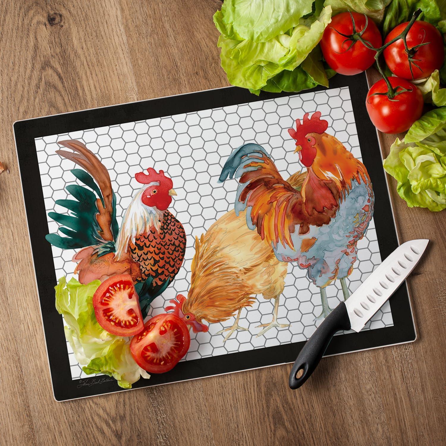 Whimsical Roosters Tempered Glass Rectangular Cutting Board