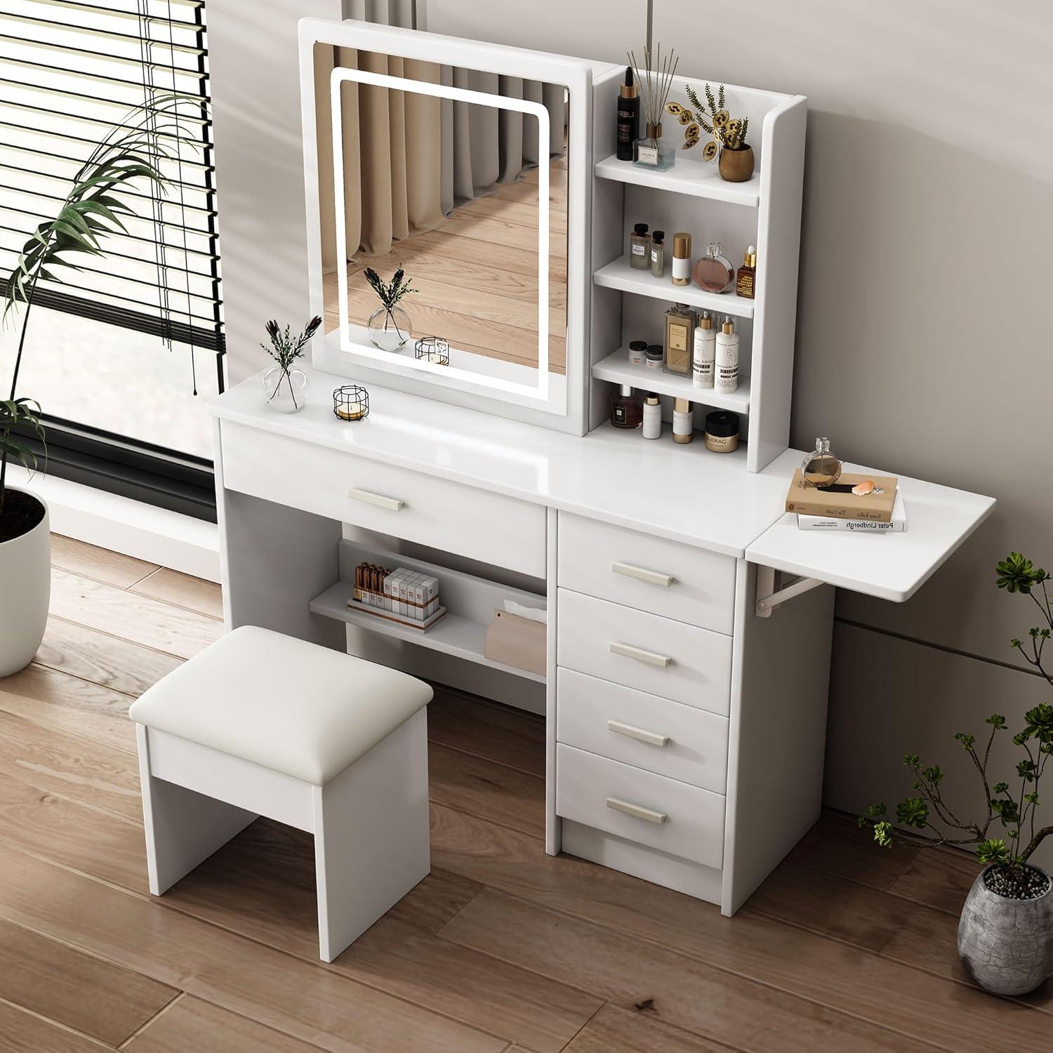 Vanity Desk with Mirror and Lights, White Makeup Vanity Chair Set with Fold-up Panel, Dressing Table with 5 Drawers and Shelves, 3 Lighting Modes, Brightness Adjustable