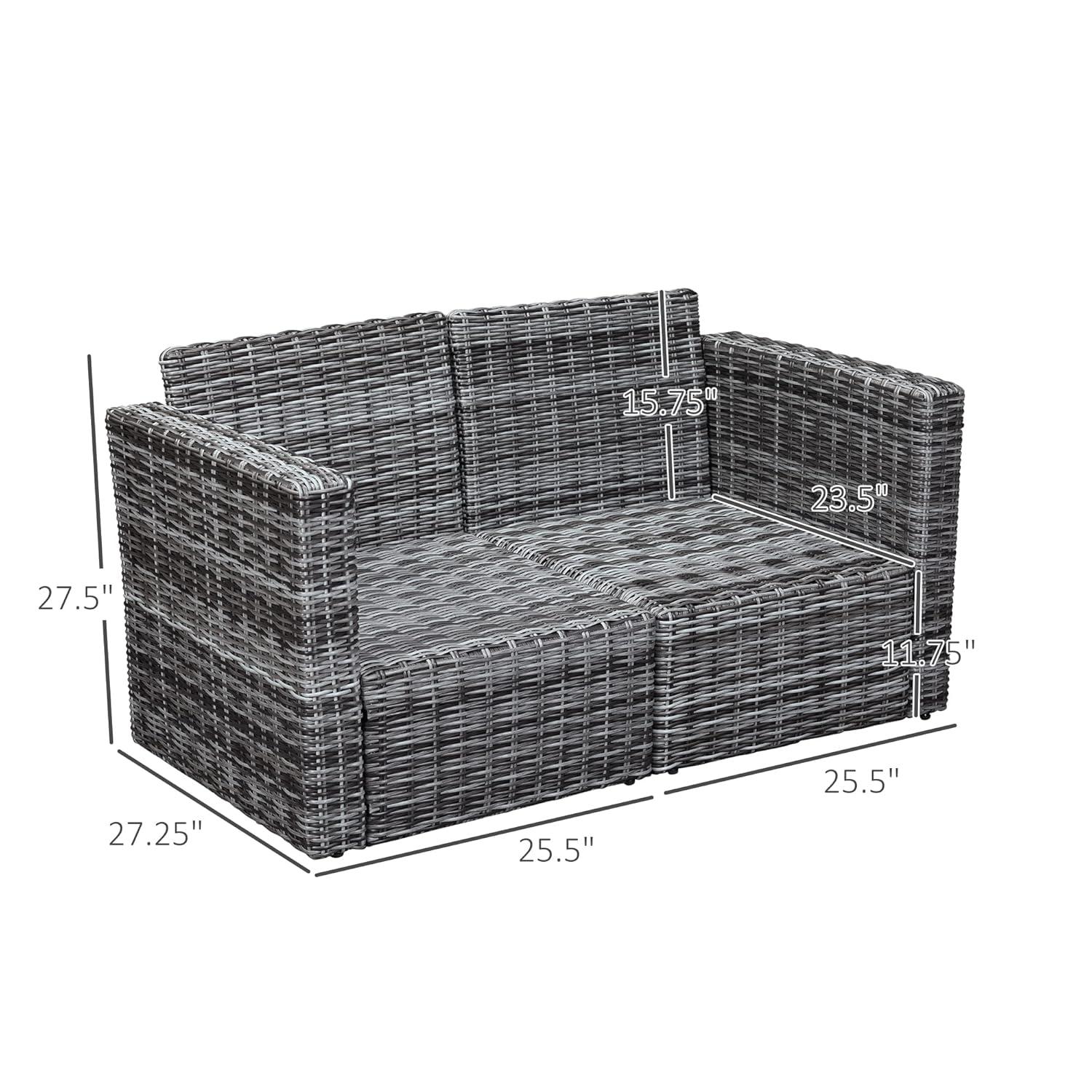 Outsunny 2 Piece Patio Wicker Corner Sofa Set, Outdoor PE Rattan Furniture, with Curved Armrests and Padded Cushions for Balcony, Gray