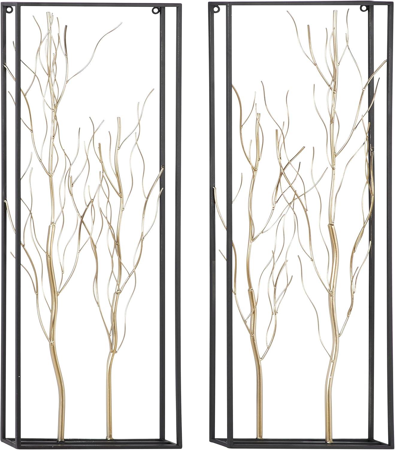 DecMode Gold Metal Branch Tree Wall Decor with Black Frame (2 Count)