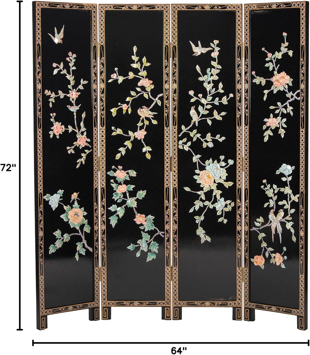 Oriental Furniture 6 ft. Tall Lacquer Birds and Flowers Room Divider - 4 Panel