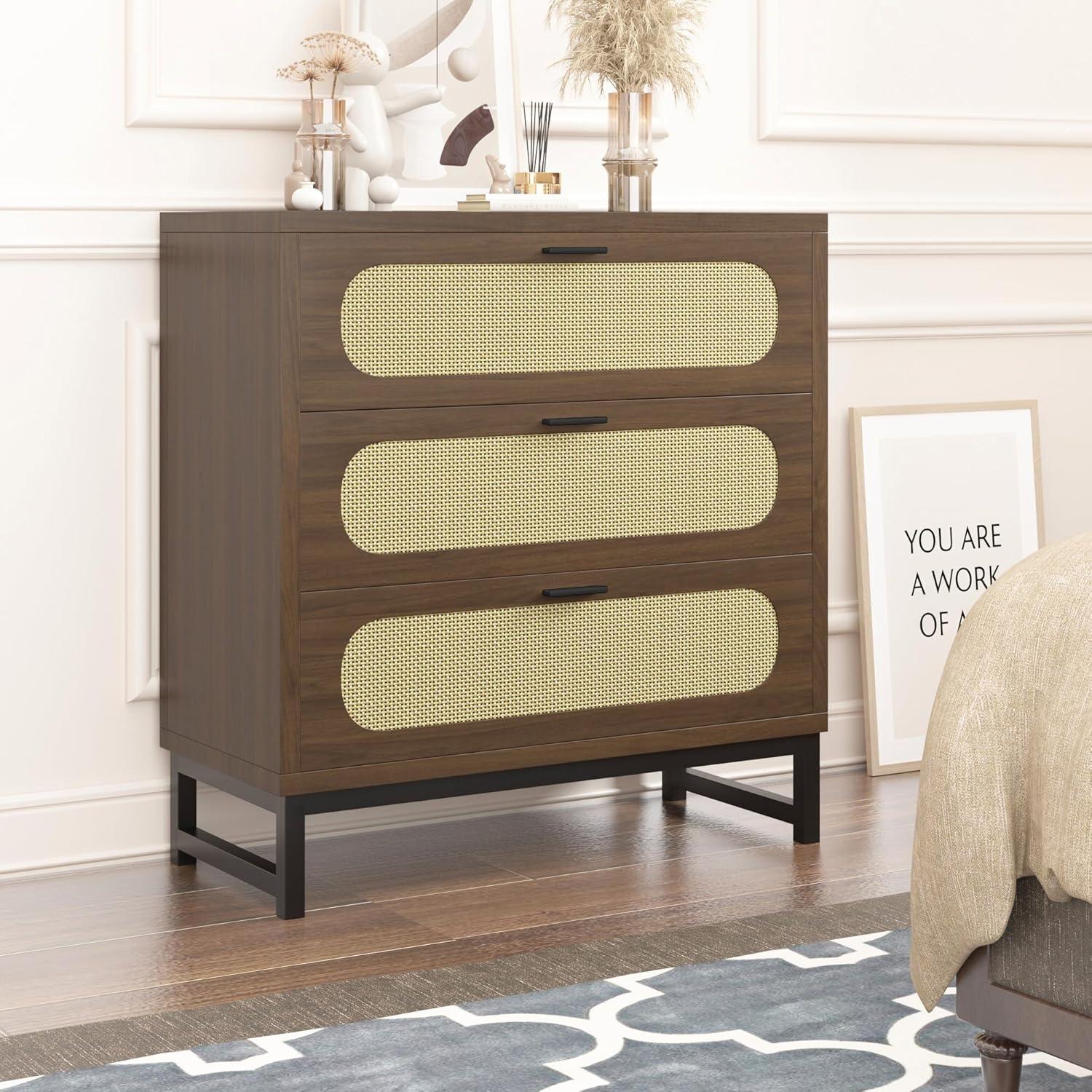 3 Drawer Dresser for Bedroom, Wide Modern Wooden Chest of Drawers, Accent Storage Cabinet Modern Bedside Table Golden Handles for Living Room, Entryway (Walnut Oak)