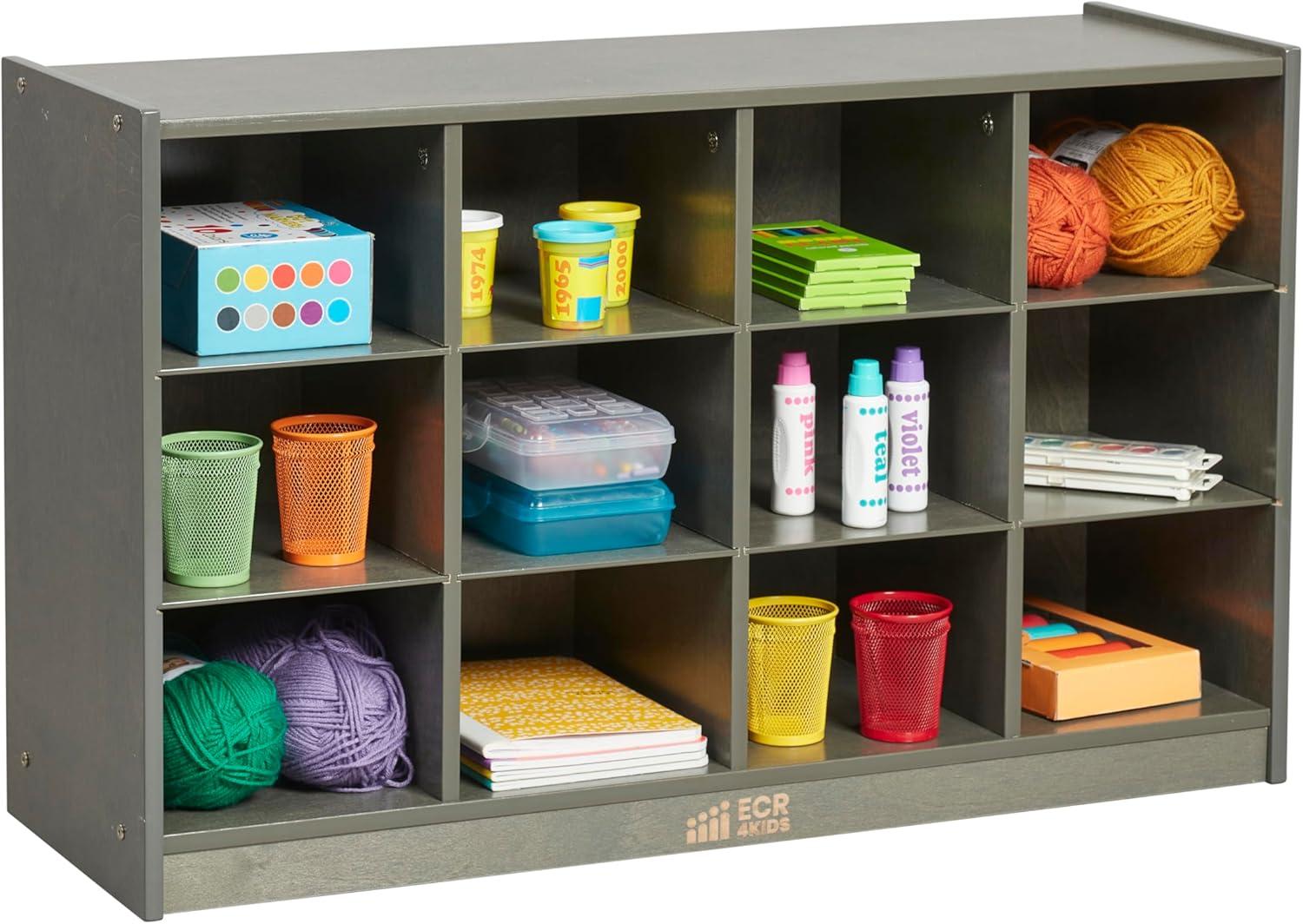 Grey Wash 12-Cubby Mobile Tray Storage Cabinet for Kids