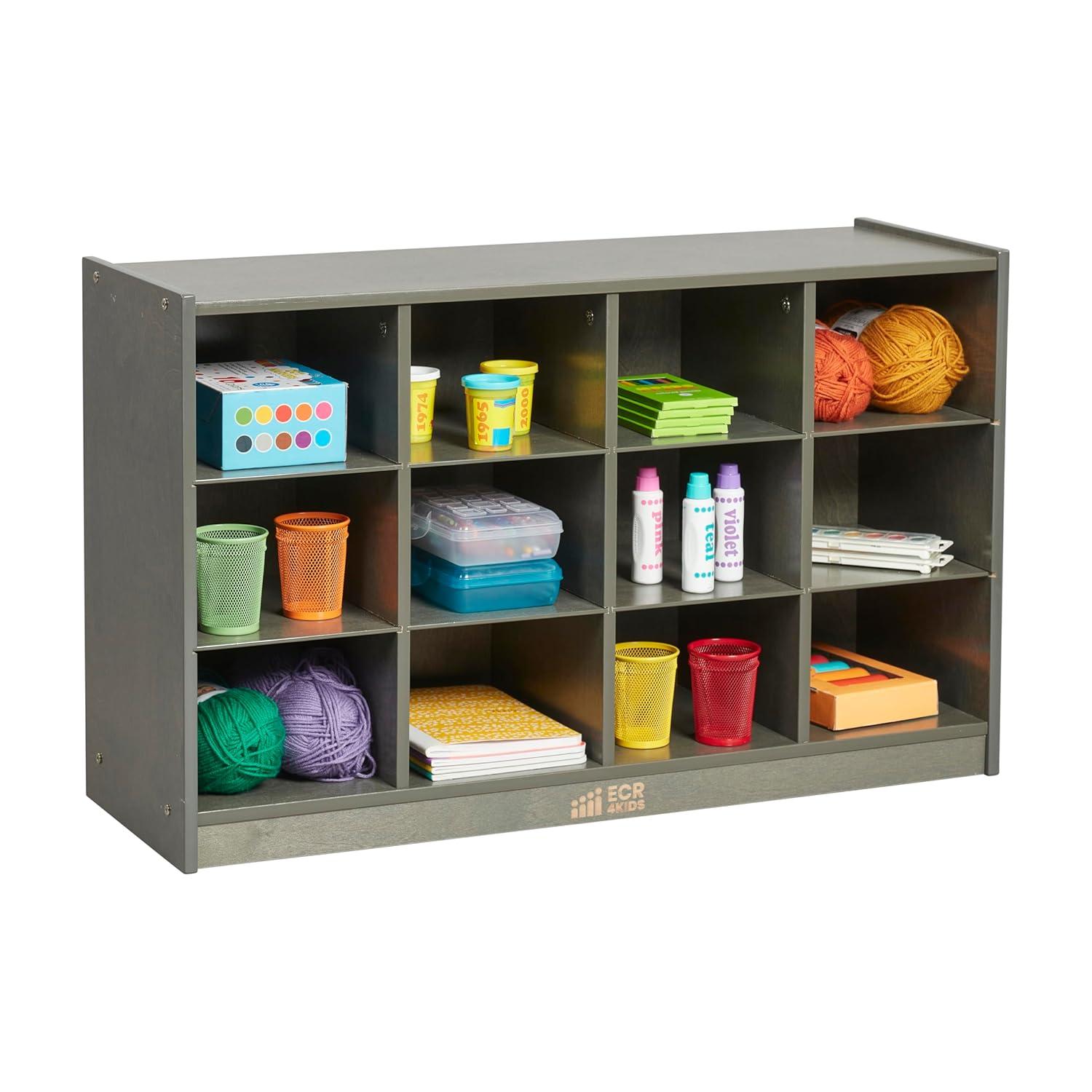 Grey Wash 12-Cubby Mobile Tray Storage Cabinet for Kids