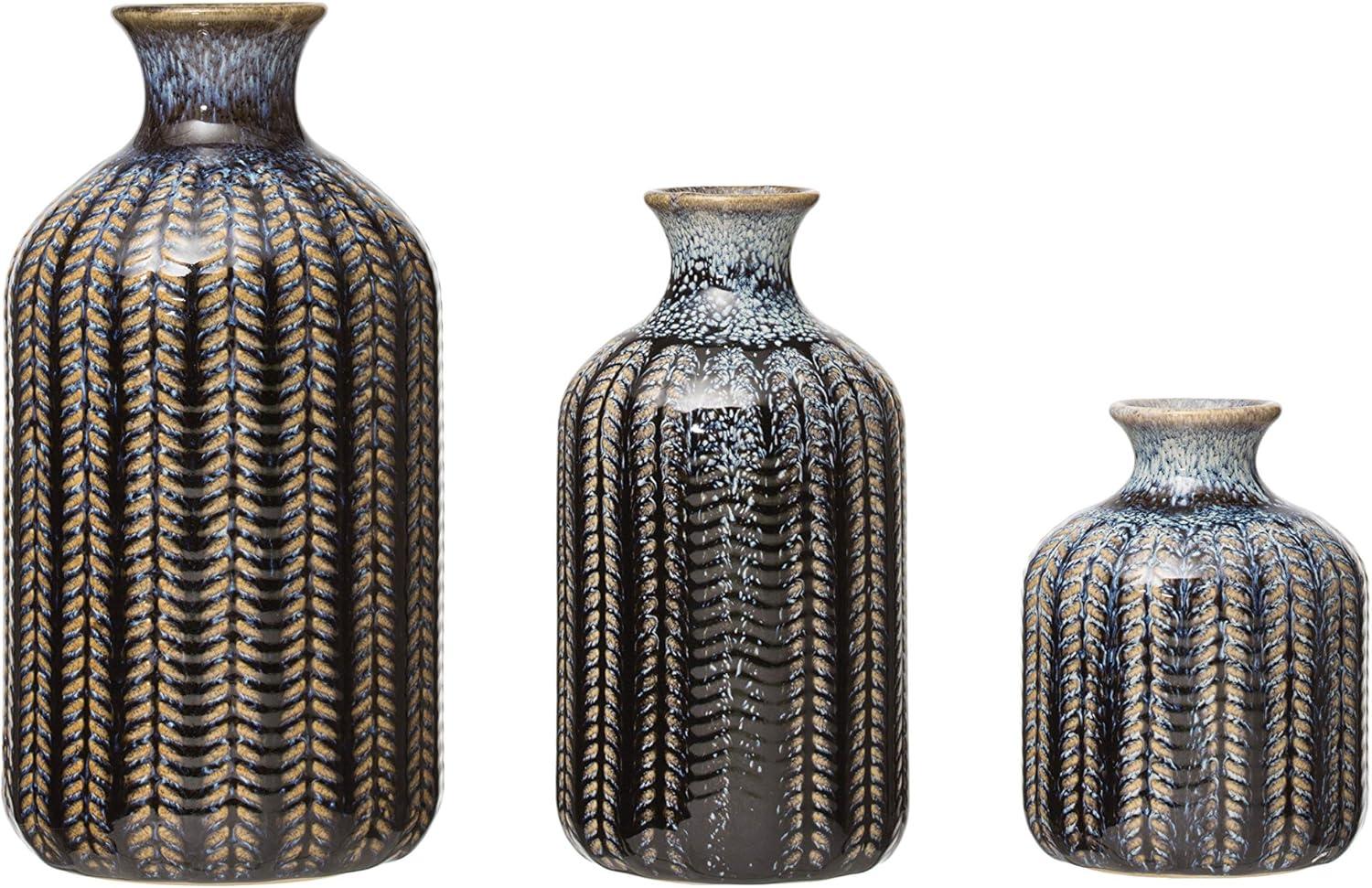 Creative Co-Op Round Embossed Stoneware Vase with Vertical Lines and Reactive Glaze Finish, Blue, Set of 3